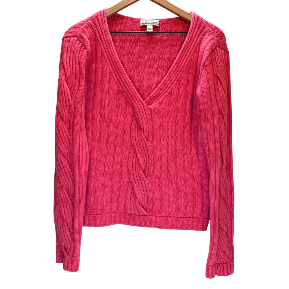 St. John Sport‎ Sweater Women Large Pink Cashmere V-Neck Cable Knit Ribbed Logo